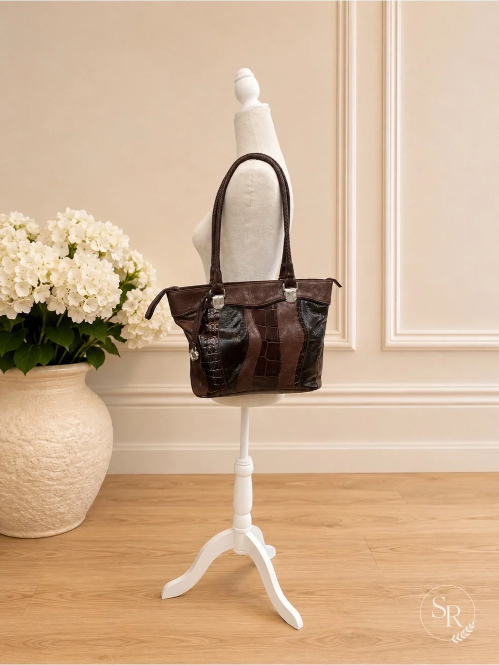 Brighton Lydia Patchwork Leather Shoulder Bag Brown Croc Patent Braided